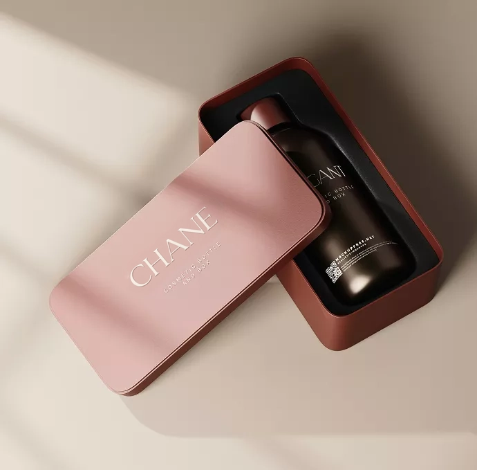 A sleek cosmetic bottle sits inside a pink rectangular box labeled Elegant, with soft shadows creating a clean, premium, and sophisticated product display.