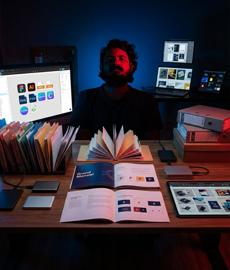 A portrait of a man with a beard, largely in shadow, illuminated by a split of red and blue light on a blue background.