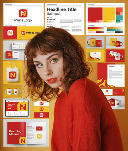 A portrait of a young woman with curly reddish-brown hair and bangs, wearing a red sweater against a solid yellow/orange background.